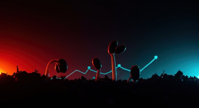 Abstract visualization of financial growth and investment returns with a glowing chart and sprouting seedlings