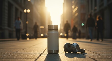 Sunlit urban street with a water bottle and accessories