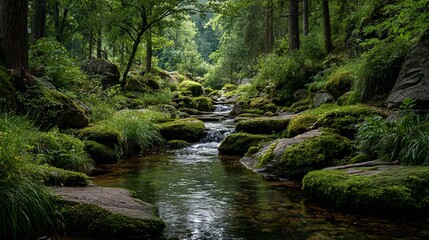 Forest stream flows over moss covered stones surrounded by lush green vegetation