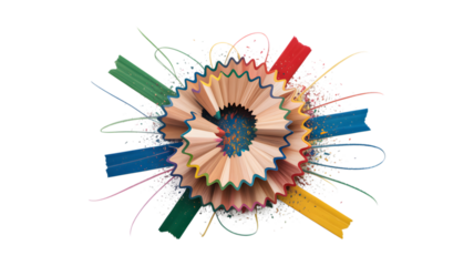 Colorful pencil shavings spiral with wood fragments and string