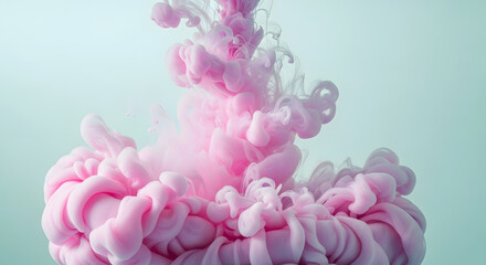 Pink ink swirling and dissolving in water, creating abstract cloud-like formations and showcasing beautiful fluid dynamics against a clean background