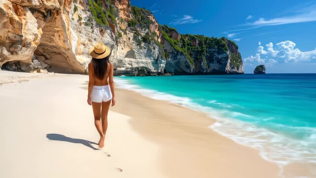 Woman Enjoying Tropical Beach View with Limestone Cliffs