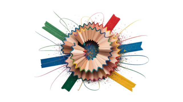 Colorful pencil shavings spiral with wood fragments and string