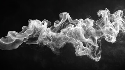 Horizontal stream of white vapor flows dynamically across a deep black background