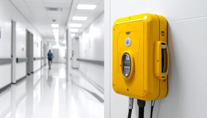 A bright yellow automatic external defibrillator (AED) securely mounted on a clean white wall in a public building hallway, symbolizing emergency medical safety and preparedness concept