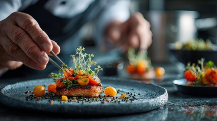 Culinary professional meticulously garnishes an exquisitely plated gourmet dish with delicate herbs.