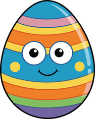 Cheerful striped Easter egg with cartoon face and rosy cheeks vector template