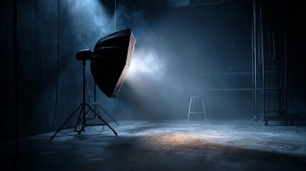 Professional lighting equipment illuminates a moody, smoke-filled production space