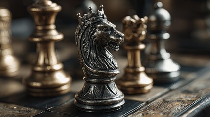 Ornate metal chess pieces stand poised on a dark wooden game board