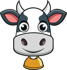 Cartoon cow face with vector template black spots white head pink ears and yellow bell animal