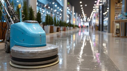Industrial floor cleaning machine operates in a brightly lit, modern interior walkway