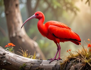 Naklejka premium Vibrant scarlet ibis perched on a tree trunk, sunlit tropical scene