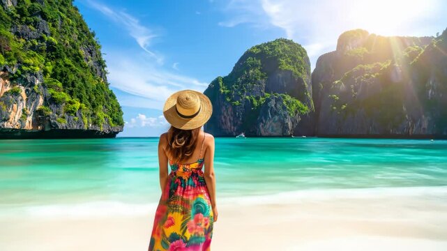 Woman Enjoying Tropical Beach View with Limestone Cliffs