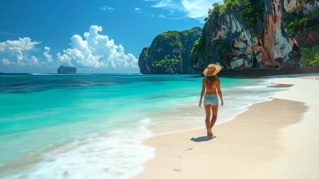 Woman Enjoying Tropical Beach View with Limestone Cliffs