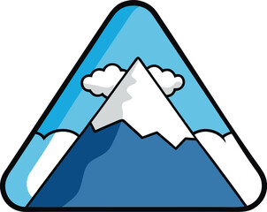 Cartoon mountain peak with snow clouds and blue sky within triangle vector template white