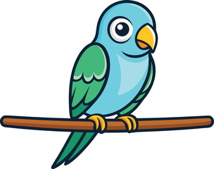 Cute cartoon blue parrot with green wings perched on a brown branch vector template bird yellow