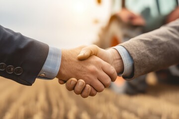 Business handshake in agricultural field with tractor in background