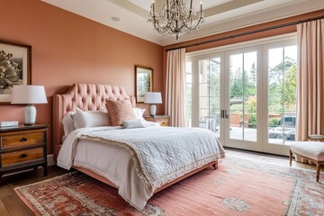 Fototapeta premium Bedroom in the trending color of 2024. Peach tones. Bedroom design.