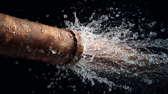 Corroded metallic conduit experiences significant water expulsion against a dark background