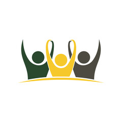Three stylized figures with arms raised in celebration, symbolizing unity and success.
