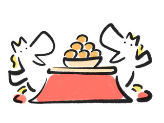 こたつでくつろぐ2頭の白馬　みかん・墨絵・冬