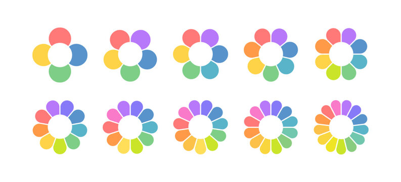 Flower petal diagram. Circle division infographic icon. Flower with leaves color shape icon. Infographic circle diagram. Pie chart. Round wheel chart. Vector illustration isolated on white background.