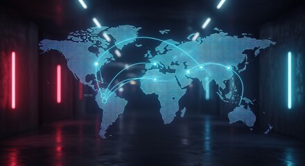 Abstract visualization of a futuristic global network with a holographic world map and neon lighting