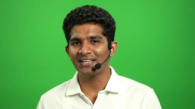 young adult indian man with curly hair, white collared shirt, and headset talks with a warm smile, maintaining eye contact against a bright green screen. professional communication concept