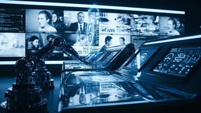 artificial intelligence robot arm analyzing fake news