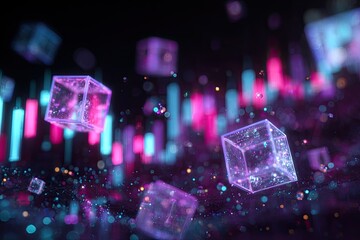 Abstract rendering of glowing transparent cubes and colorful charts against dark background