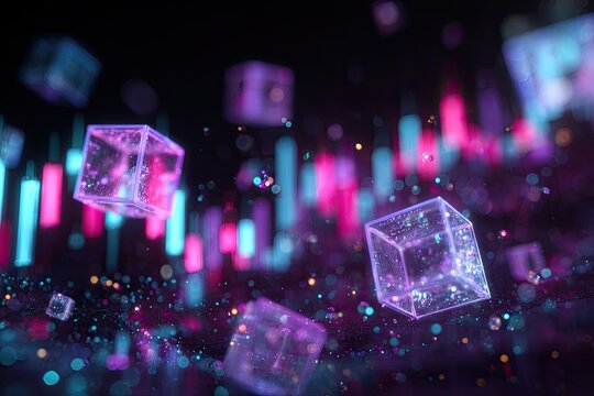 Abstract rendering of glowing transparent cubes and colorful charts against dark background