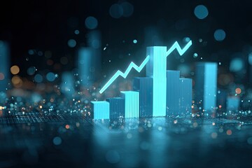 Abstract representation of financial growth with illuminated chart and rising line against bokeh