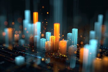 Abstract depiction of glowing, colorful data columns in a futuristic, digital landscape