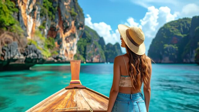 Woman Enjoying Tropical Beach View with Limestone Cliffs
