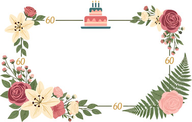 Elegant floral frame concept for a 60th birthday or anniversary celebration, featuring a decorative cake, roses, and lilies for an invitation or greeting card