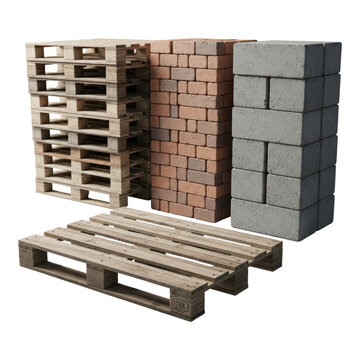 Stack of wooden pallets, red bricks and concrete blocks isolated on transparent background