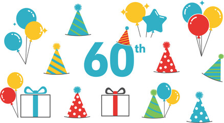 Sixtieth Birthday Celebration Colorful Party Hats, Balloons, and Gift Boxes