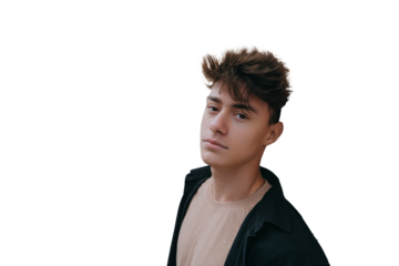 A thoughtful young man leans against transparent background , gazing into the distance