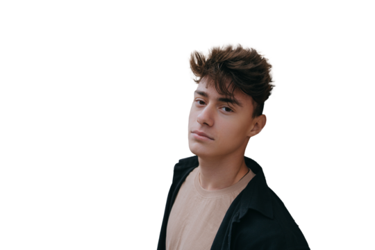 A thoughtful young man leans against transparent background , gazing into the distance - Powered by Adobe