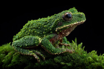 Fototapeta premium Green mossy tree frog sits calmly on vibrant green moss, amphibian watching patiently