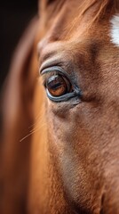 Naklejka premium Soft sunlight enhances the rich hues of a horse's face, drawing attention to its deep brown eye full of wisdom and calmness. The serene atmosphere evokes a sense of connection to nature