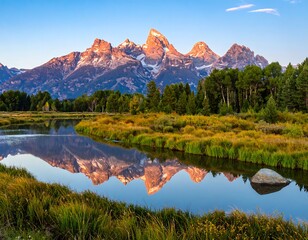 Obraz premium Majestic peaks reflect in a serene river at sunrise