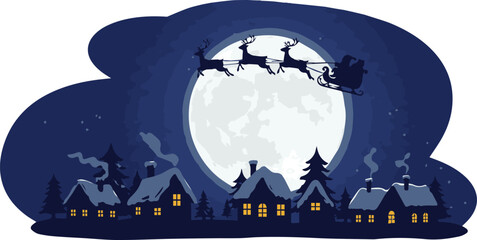 Santa Claus Flying Over a Snowy Village at Night