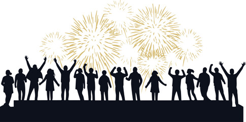 A silhouette of a crowd with raised hands enjoying a golden fireworks celebration