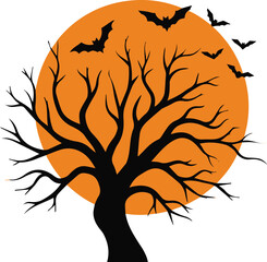 Halloween Tree Silhouettes with Bats Against a Full Moon