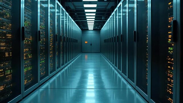 Modern data center server racks with blinking LED lights, reflecting on floor in a slow dolly push forward. High tech data storage footage.