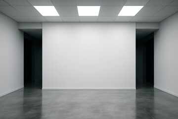 Empty modern hallway with polished concrete floor, white walls, and bright ceiling lights in a symmetric architectural interior concept space. Ai generative