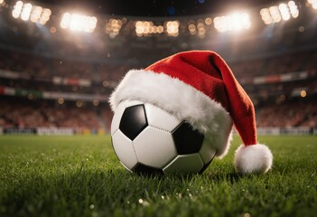 A soccer ball wearing a red Christmas hat placed on a vibrant green field, surrounded by glowing festive lights