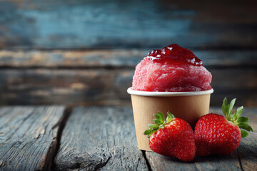Delicious cold sorbet with jam topping and fresh strawberry rustic wood table offers refreshing