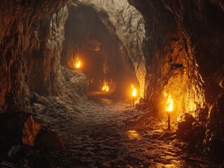 Cave interior lit by lamps